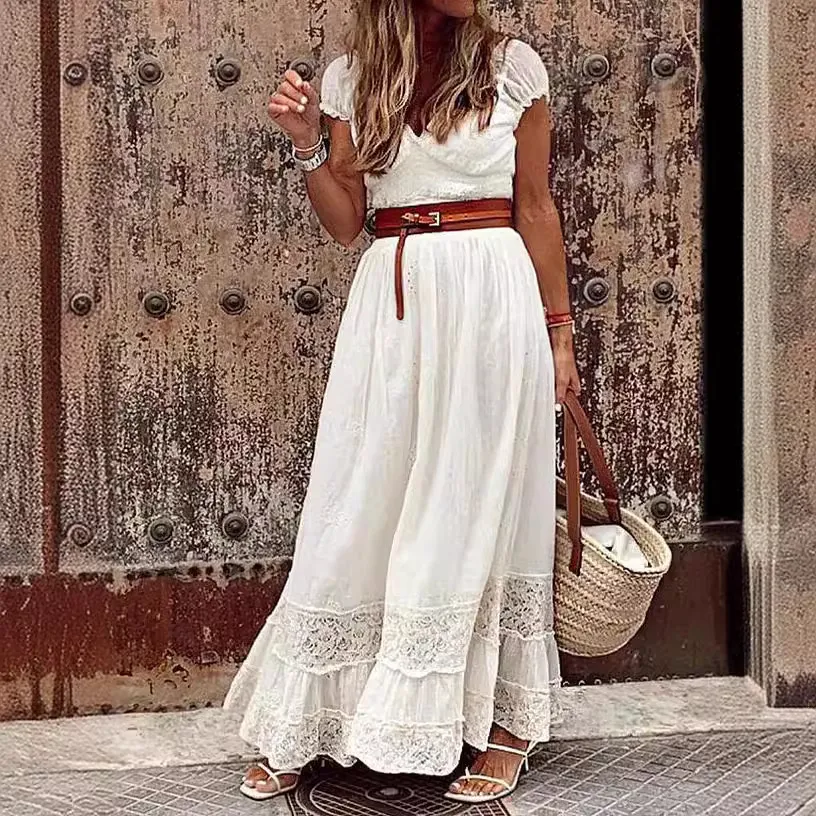 Women Elegant Boho Lace Stitching V-Neck Short-Sleeve Maxi Dress