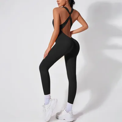Women Seamless Deep-V Neck Backless Yoga Sports Jumpsuit