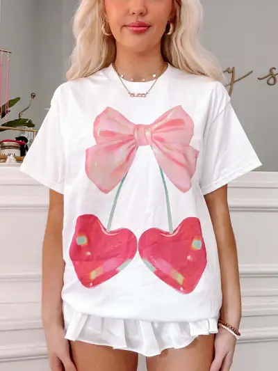 Cherry Bow Printed Women Summer Loose Long-Sleeved T-Shirt