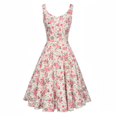 Women Vintage Cherry Floral Cocktail Dress Sleeveless A-Line