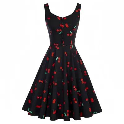 Women Vintage Cherry Floral Cocktail Dress Sleeveless A-Line