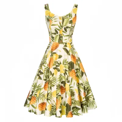 Women Vintage Cherry Floral Cocktail Dress Sleeveless A-Line