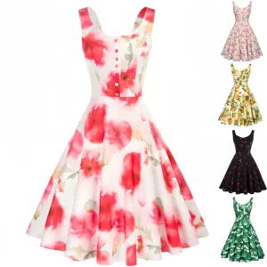 Women Vintage Cherry Floral Cocktail Dress Sleeveless A-Line
