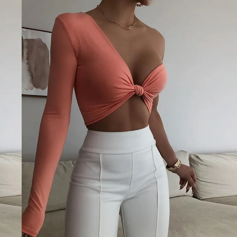 Women Fashion Sexy Solid Color Irregular Knot Single Shoulder Long Sleeve Crop Top