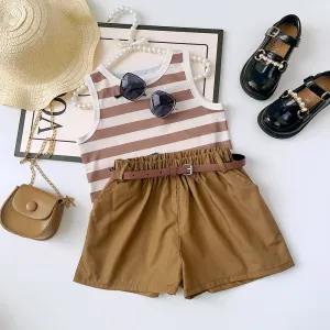 Girls Summer Stripe Tank Top Shorts Casual Two-Piece Set