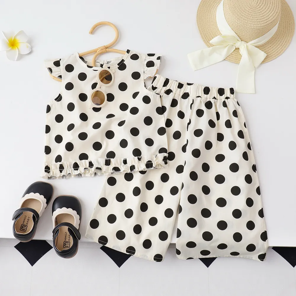 Girls Summer Sleeveless Blouse Wide Leg Pants Polka Dot Print Set Cotton