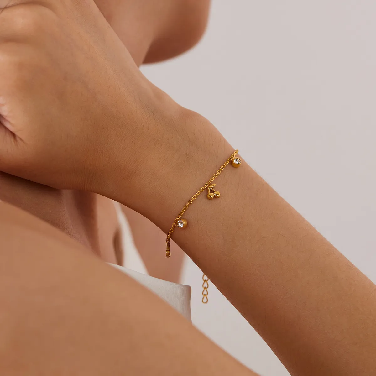 Stainless Steel Cherry Rhinestone Geometric Bracelet for Women