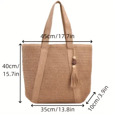 Women Casual Solid Color Straw Woven Large Capacity Beach Tote Bag with Zipper