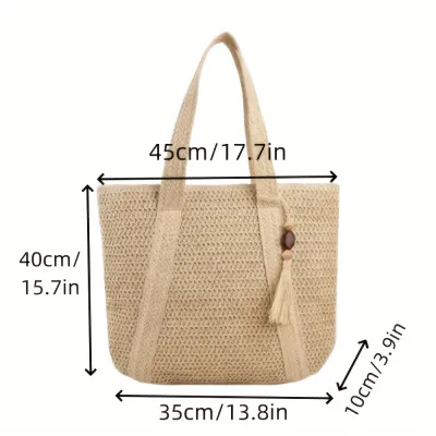 Women Casual Solid Color Straw Woven Large Capacity Beach Tote Bag with Zipper