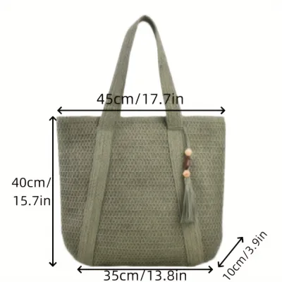 Women Casual Solid Color Straw Woven Large Capacity Beach Tote Bag with Zipper