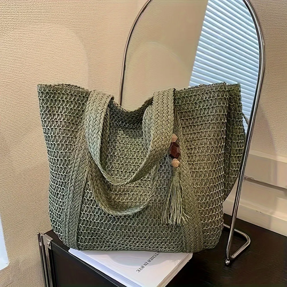 Women Casual Solid Color Straw Woven Large Capacity Beach Tote Bag with Zipper