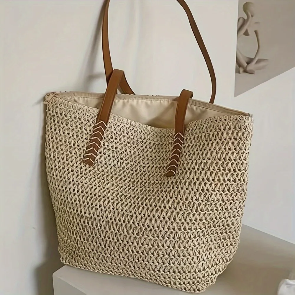 Women Casual Simple Large Capacity Paper Straw Woven Tote Shoulder Bag