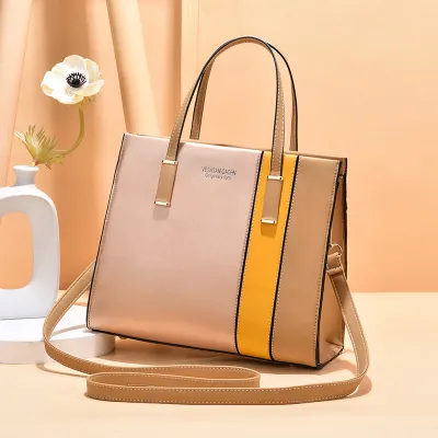 Women Fashion Casual Contrast Color Large Capacity PU Handbag Tote
