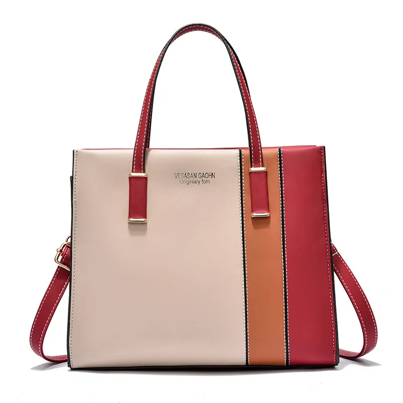 Women Fashion Casual Contrast Color Large Capacity PU Handbag Tote