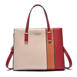 Women Fashion Casual Contrast Color Large Capacity PU Handbag Tote