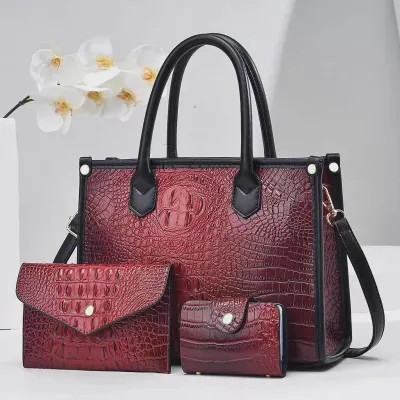 Women Fashion Crocodile-Pattern Large Capacity PU Leather Handbag Three-Piece Set