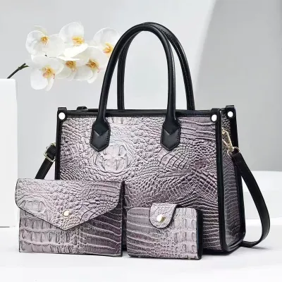 Women Fashion Crocodile-Pattern Large Capacity PU Leather Handbag Three-Piece Set