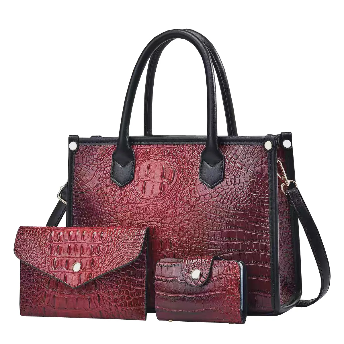 Women Fashion Crocodile-Pattern Large Capacity PU Leather Handbag Three-Piece Set