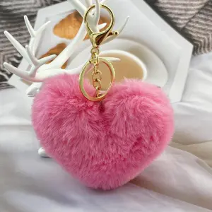 Solid Color Plush Peach Heart Keychain Pendant Metal Love Pattern Fresh Sweet Style