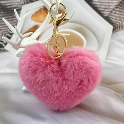 Solid Color Plush Peach Heart Keychain Pendant Metal Love Pattern Fresh Sweet Style