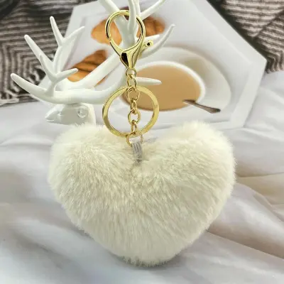 Solid Color Plush Peach Heart Keychain Pendant Metal Love Pattern Fresh Sweet Style