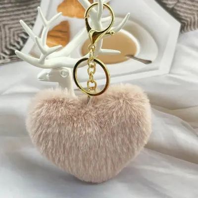 Solid Color Plush Peach Heart Keychain Pendant Metal Love Pattern Fresh Sweet Style