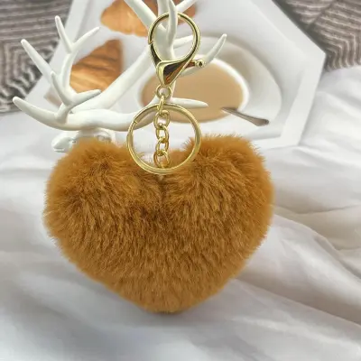 Solid Color Plush Peach Heart Keychain Pendant Metal Love Pattern Fresh Sweet Style