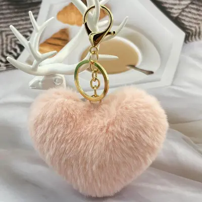 Solid Color Plush Peach Heart Keychain Pendant Metal Love Pattern Fresh Sweet Style