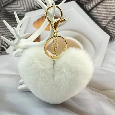 Solid Color Plush Peach Heart Keychain Pendant Metal Love Pattern Fresh Sweet Style