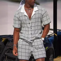 Men Casual Lapel Short-Sleeved Solid Color Waffle Polo Shirt And Shorts Two-Piece Set