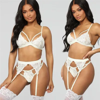 Women Fashion Solid Color Lace Hollow-Out Garter Sexy Lingerie Three-Point Bra Set