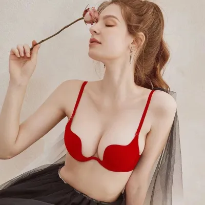 Women Fashion Solid Color Gathered U-Shaped Seamless Low-Cut Bra