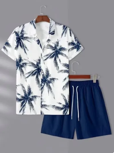 Men Summer Street Black White Stripe Hawaii Beach Shirt Shorts Set