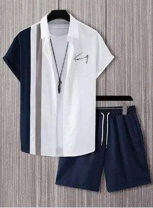 Men Summer Street Black White Stripe Hawaii Beach Shirt Shorts Set