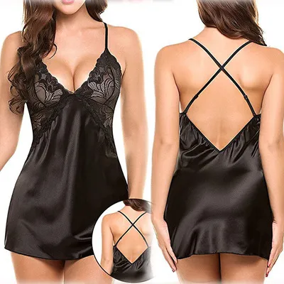 Women's Sexy Backless Imitation Silk Lace Dress Pajamas