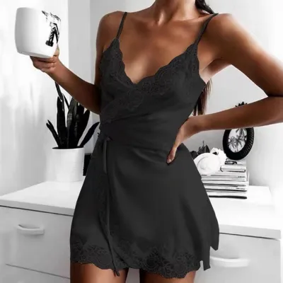 Women Sexy Satin Lace-Up Dress Pajamas