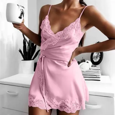 Women Sexy Satin Lace-Up Dress Pajamas