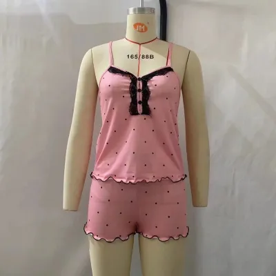Women's Sexy Printed Lace Splicing V-Neck Camisole Shorts Pajama Set