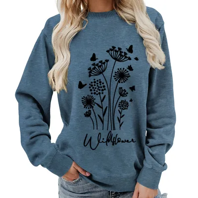Women Fashion Casual Printed Round Neck Long-Sleeve Loose Sweatshirt