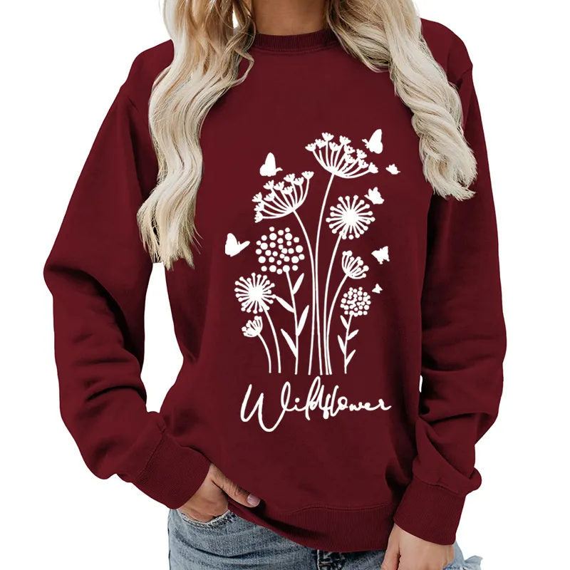 Women Fashion Casual Printed Round Neck Long-Sleeve Loose Sweatshirt