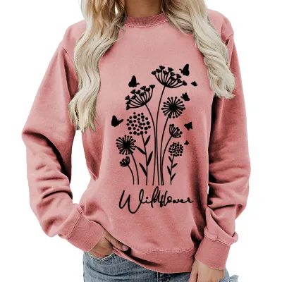 Women Fashion Casual Printed Round Neck Long-Sleeve Loose Sweatshirt
