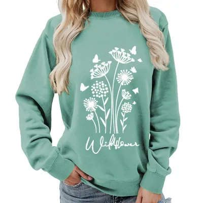 Women Fashion Casual Printed Round Neck Long-Sleeve Loose Sweatshirt