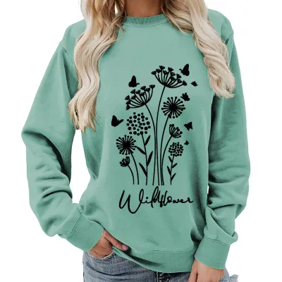 Women Fashion Casual Printed Round Neck Long-Sleeve Loose Sweatshirt