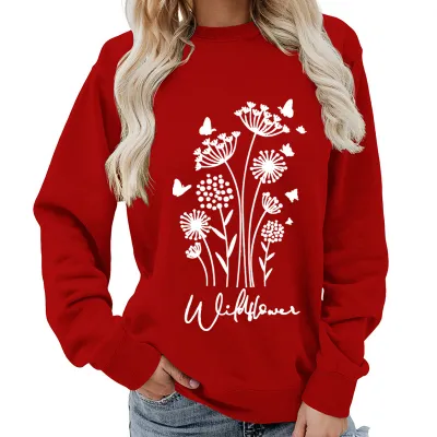 Women Fashion Casual Printed Round Neck Long-Sleeve Loose Sweatshirt
