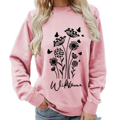 Women Fashion Casual Printed Round Neck Long-Sleeve Loose Sweatshirt