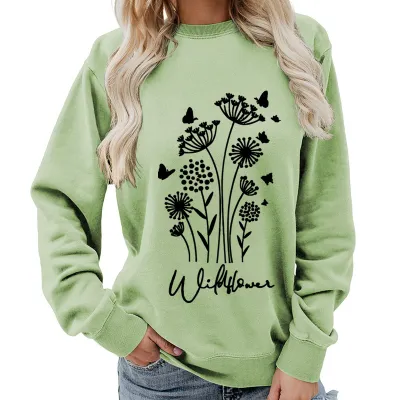 Women Fashion Casual Printed Round Neck Long-Sleeve Loose Sweatshirt