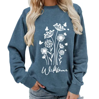 Women Fashion Casual Printed Round Neck Long-Sleeve Loose Sweatshirt