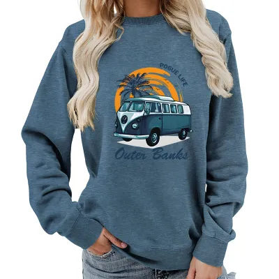 Women Fashion Casual Printed Round Neck Long-Sleeve Loose Sweatshirt