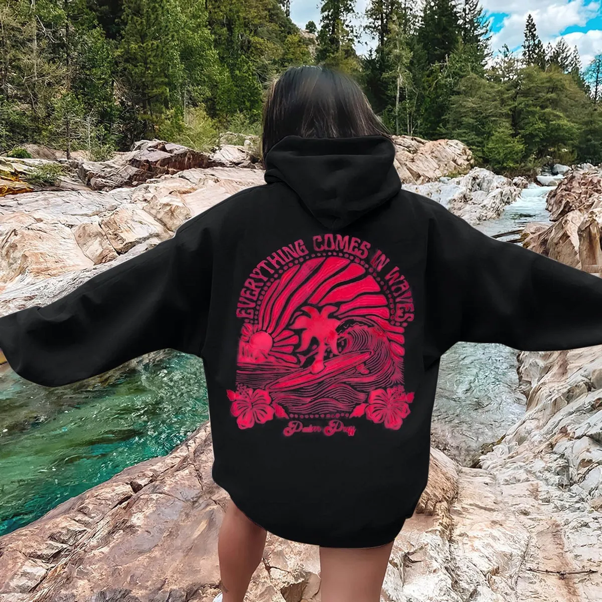 Women Fashion Casual Printed Threaded Long-Sleeve Loose Hoodies