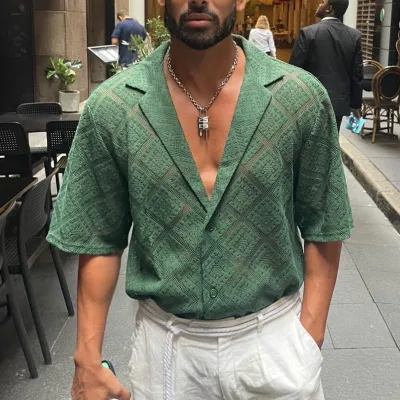 Men Summer Casual Hollow Breathable Short-Sleeved Cotton Blend Cardigan Shirt